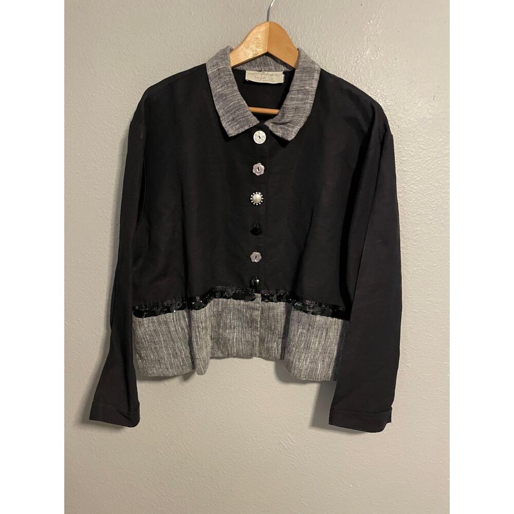 VTG Taylor G Jacket Womens Medium Black Gray Sequin Trim Flower Buttons Artsy